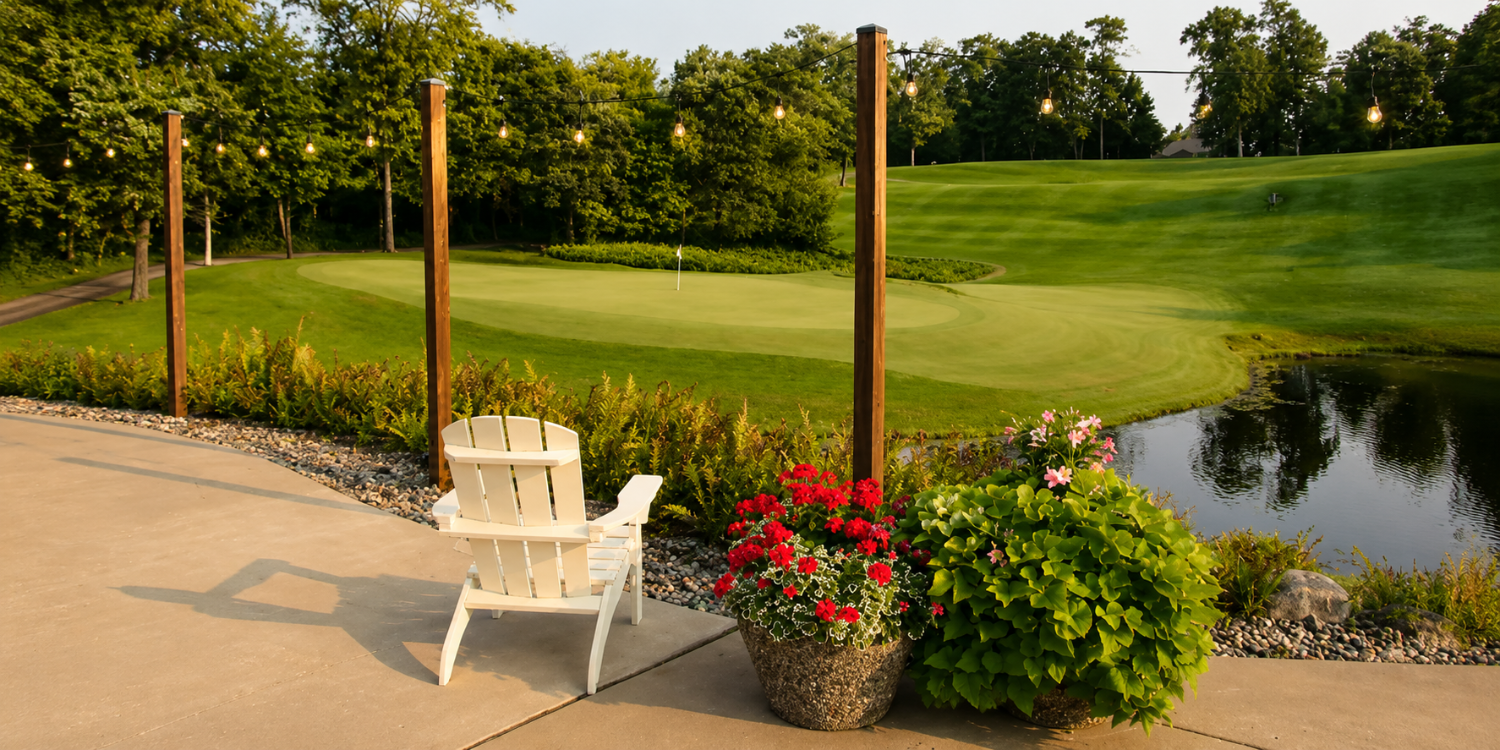The patio of The Legacy Grill overlooks the 9th holes of the Dutch White and Dutch Red (pictured here) courses.